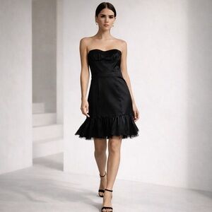 BCBG Max Azria Black Strapless Satin Dress Structured Mini Size 6